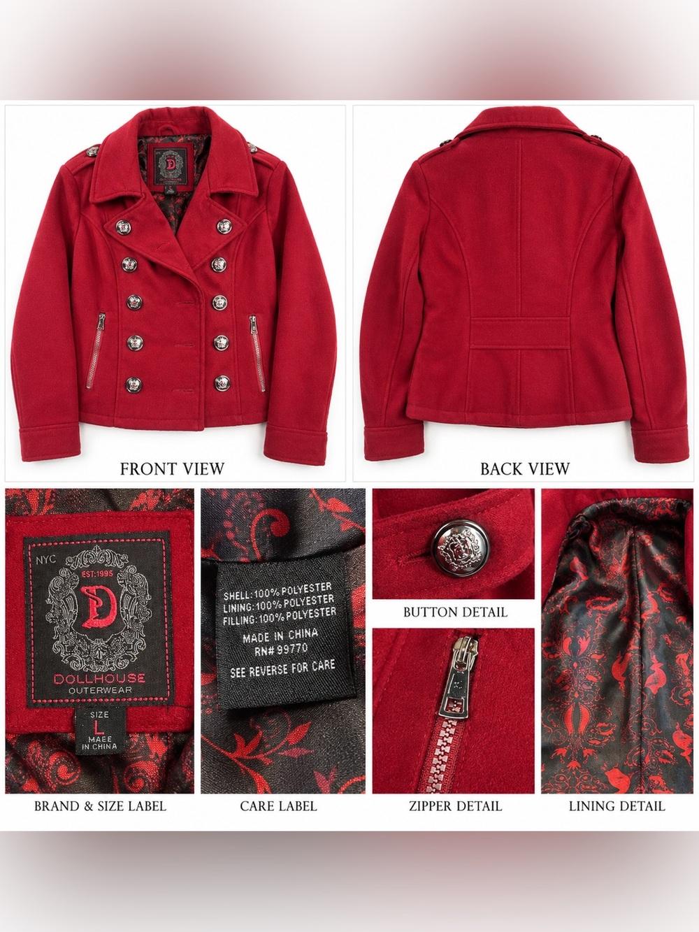 Red Double-Breasted Women's Peacoat Jacket - Dollhouse